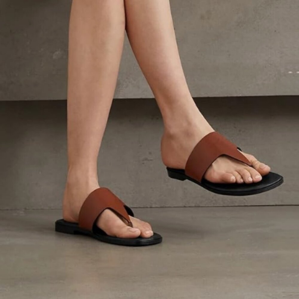 FOWT Coffee Wide T-Straps Flip Flop Soft Leather Gradient Two Toned Thong Sandal